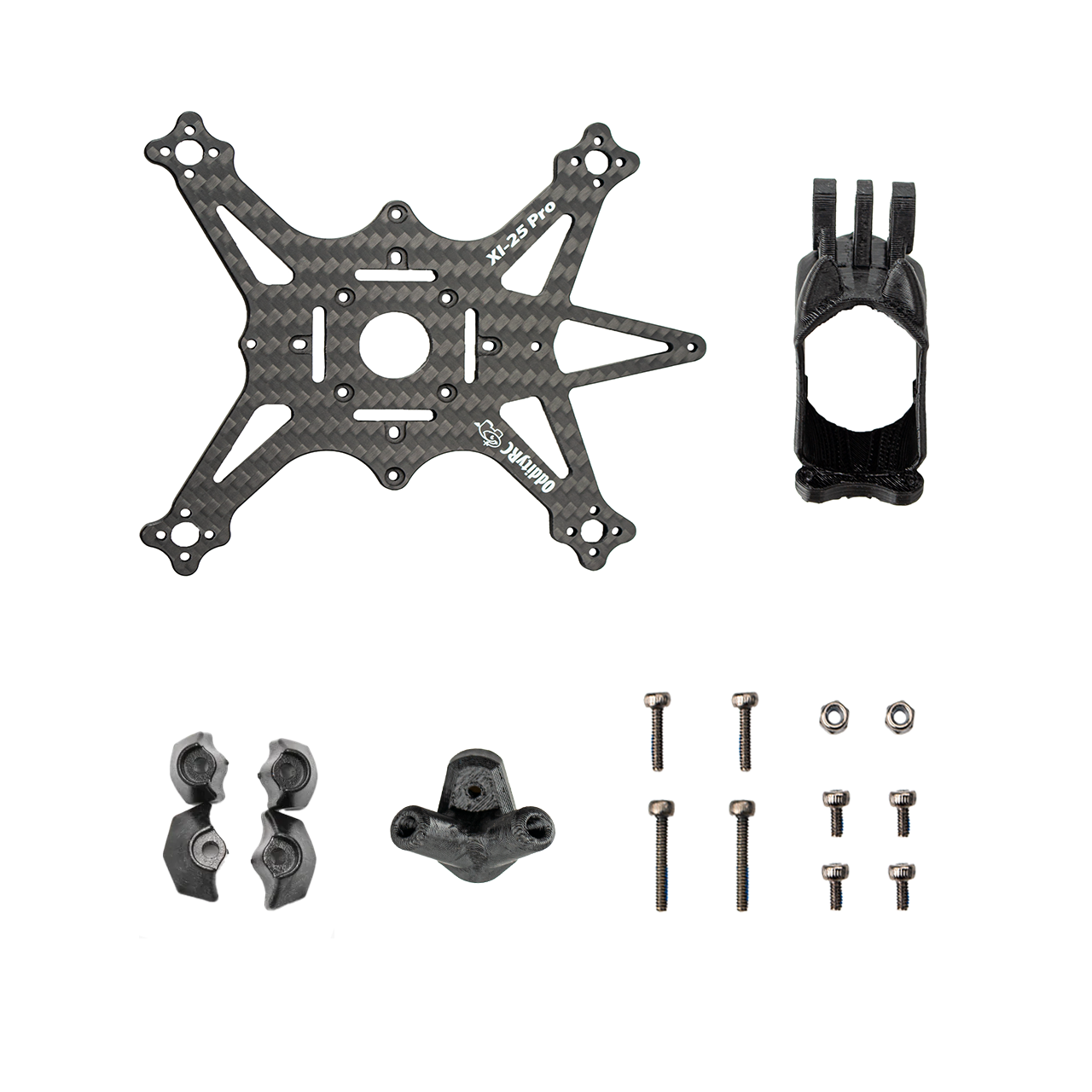 OddityRC XI25 Pro O4 Pro Related Kit parts layout: carbon fiber frame plate, camera mount, clamps, screws