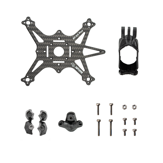 OddityRC XI25 Pro O4 Pro Related Kit parts layout: carbon fiber frame plate, camera mount, clamps, screws