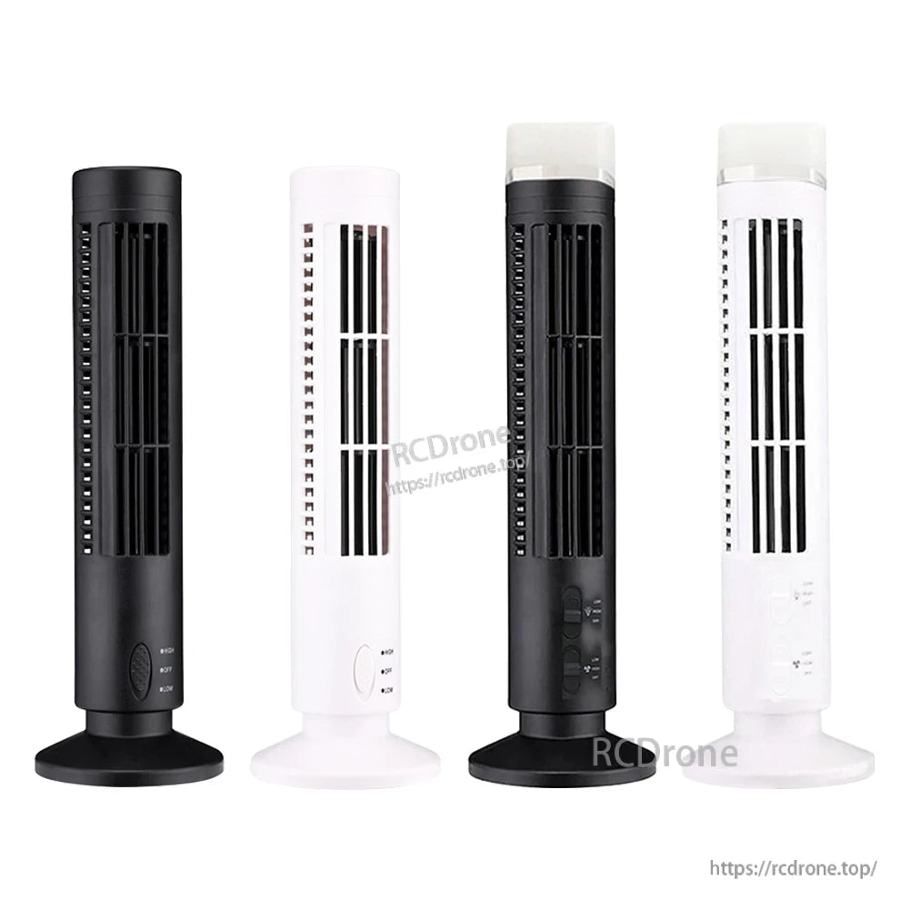 Black and white USB LED tower fans in multiple variants, illustrating different color and top-cap styles