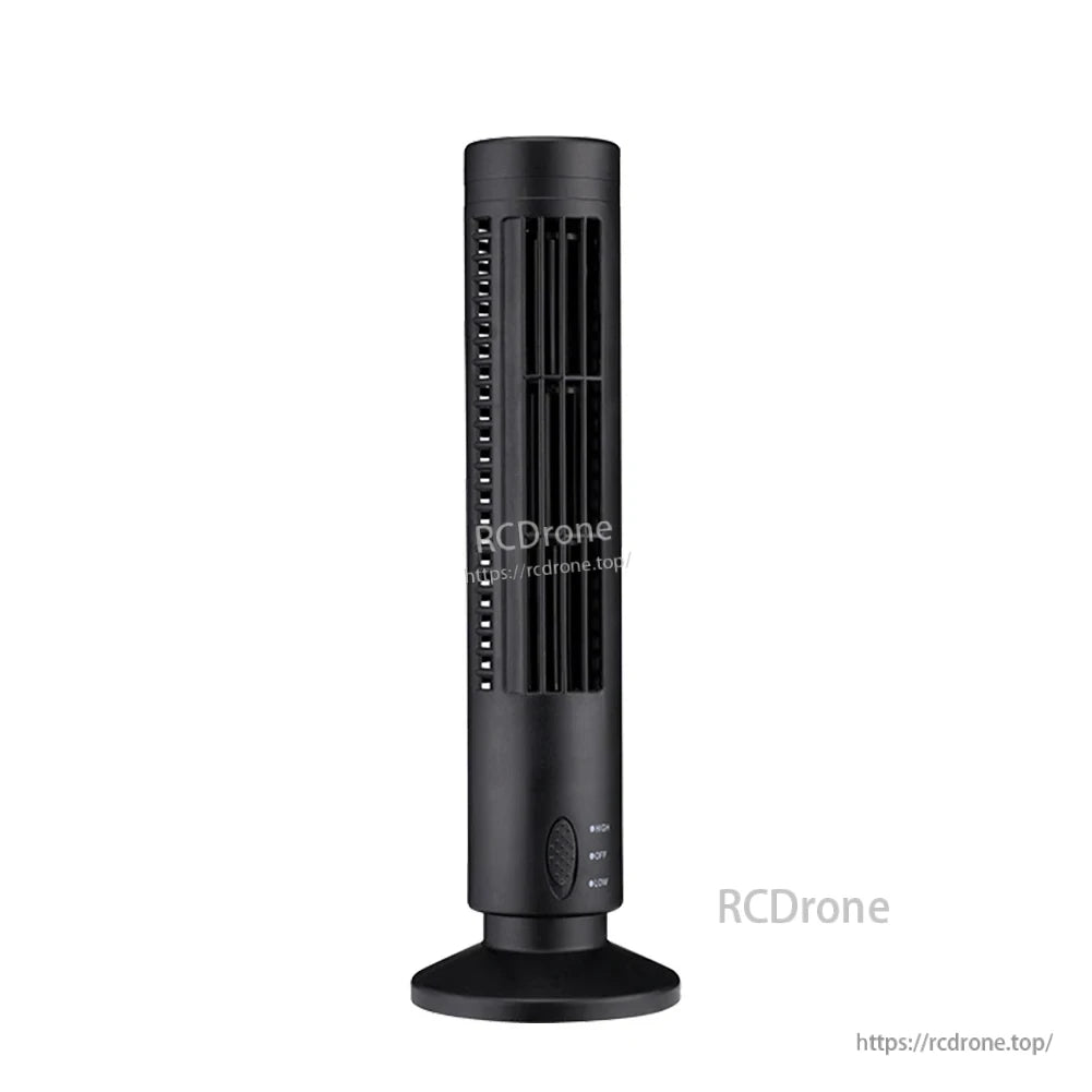Black 5V USB bladeless tower fan with vertical grille and compact round base, front view
