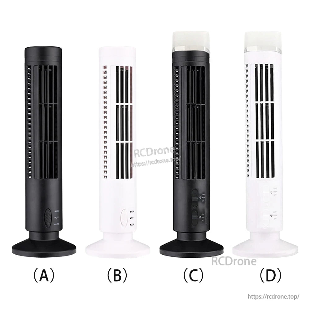 Product lineup labeled A, B, C, D for LED tower fan variants in black and white