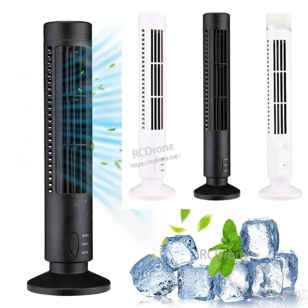 Bladeless USB LED tower fan shown in black and white, airflow illustration with ice cubes