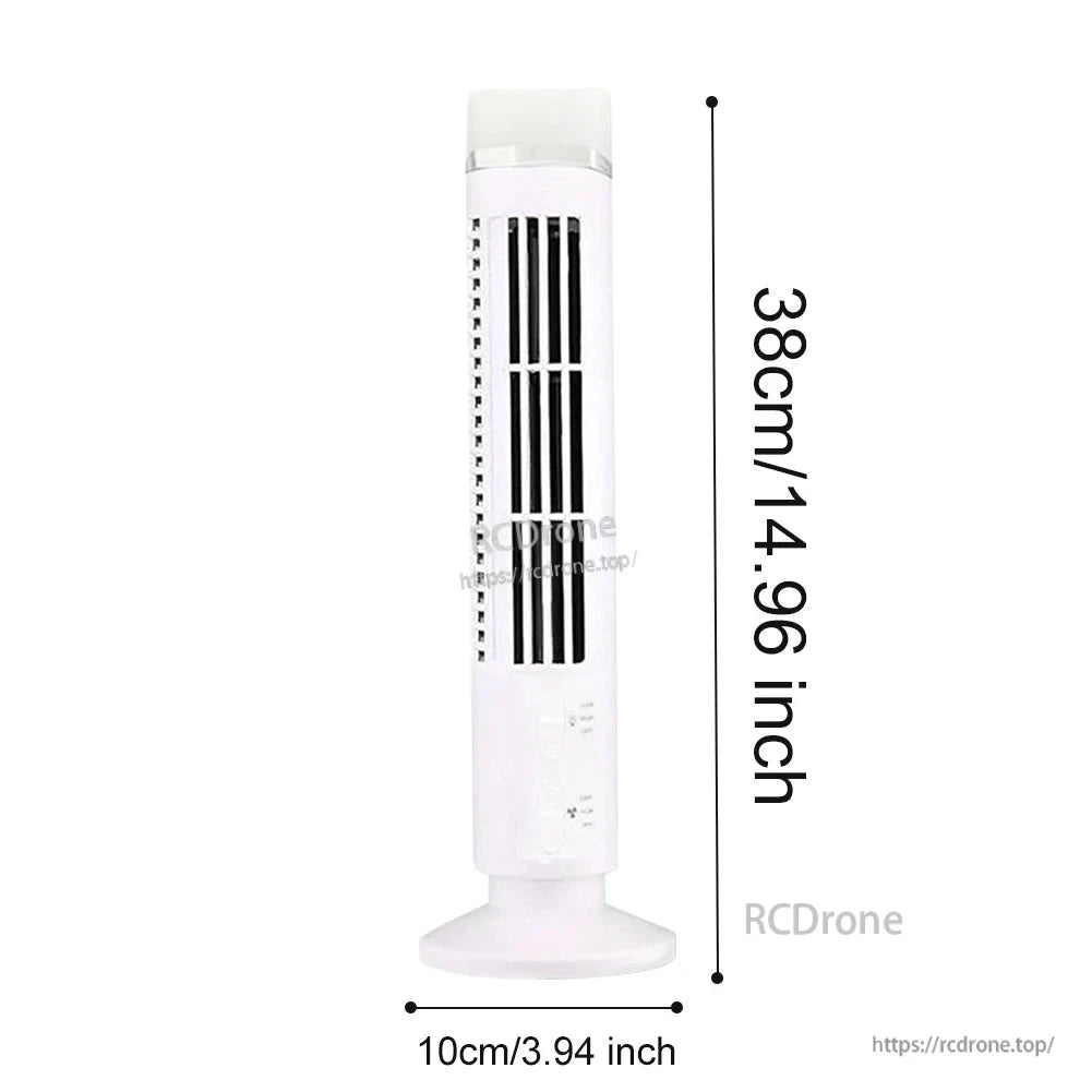 White tower fan size chart showing 38 cm (14.96 in) height and 10 cm (3.94 in) base
