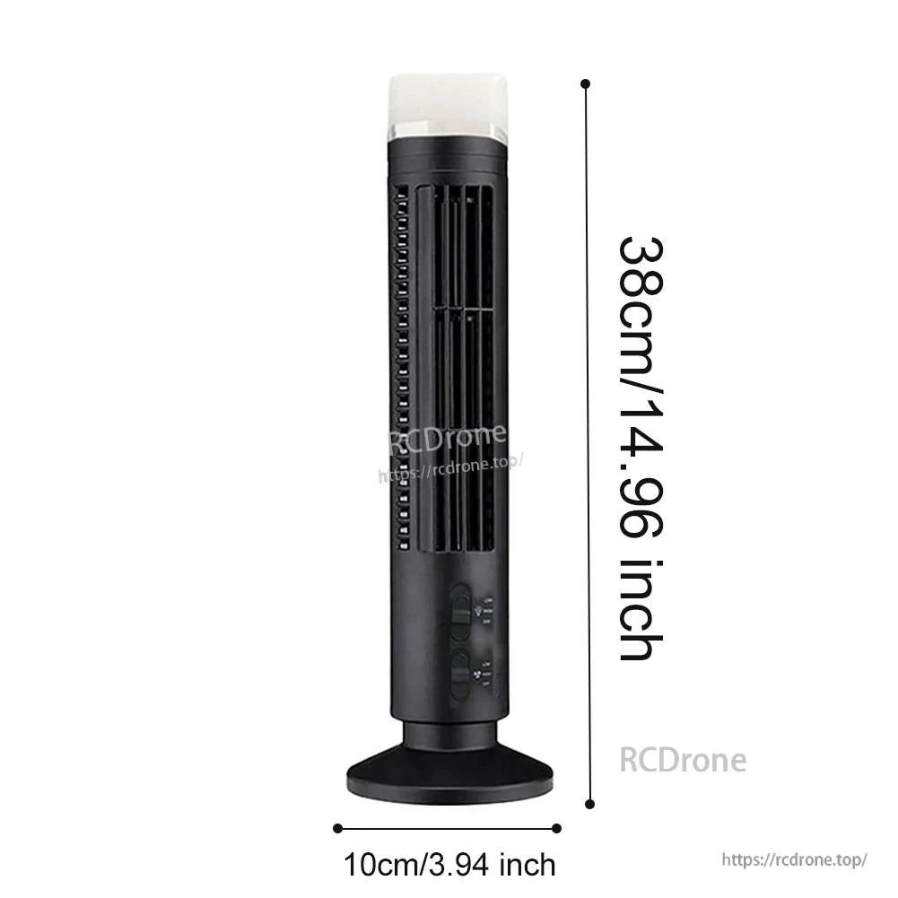 Black tower fan size chart showing 38 cm (14.96 in) height and 10 cm (3.94 in) base
