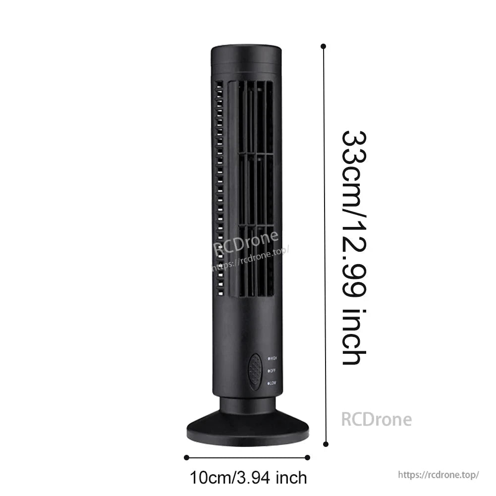 Black tower fan size chart showing 33 cm (12.99 in) height and 10 cm (3.94 in) base