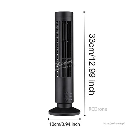 Black tower fan size chart showing 33 cm (12.99 in) height and 10 cm (3.94 in) base