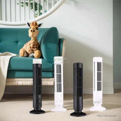 Portable tower fans displayed in living room setting, black and white models on floor