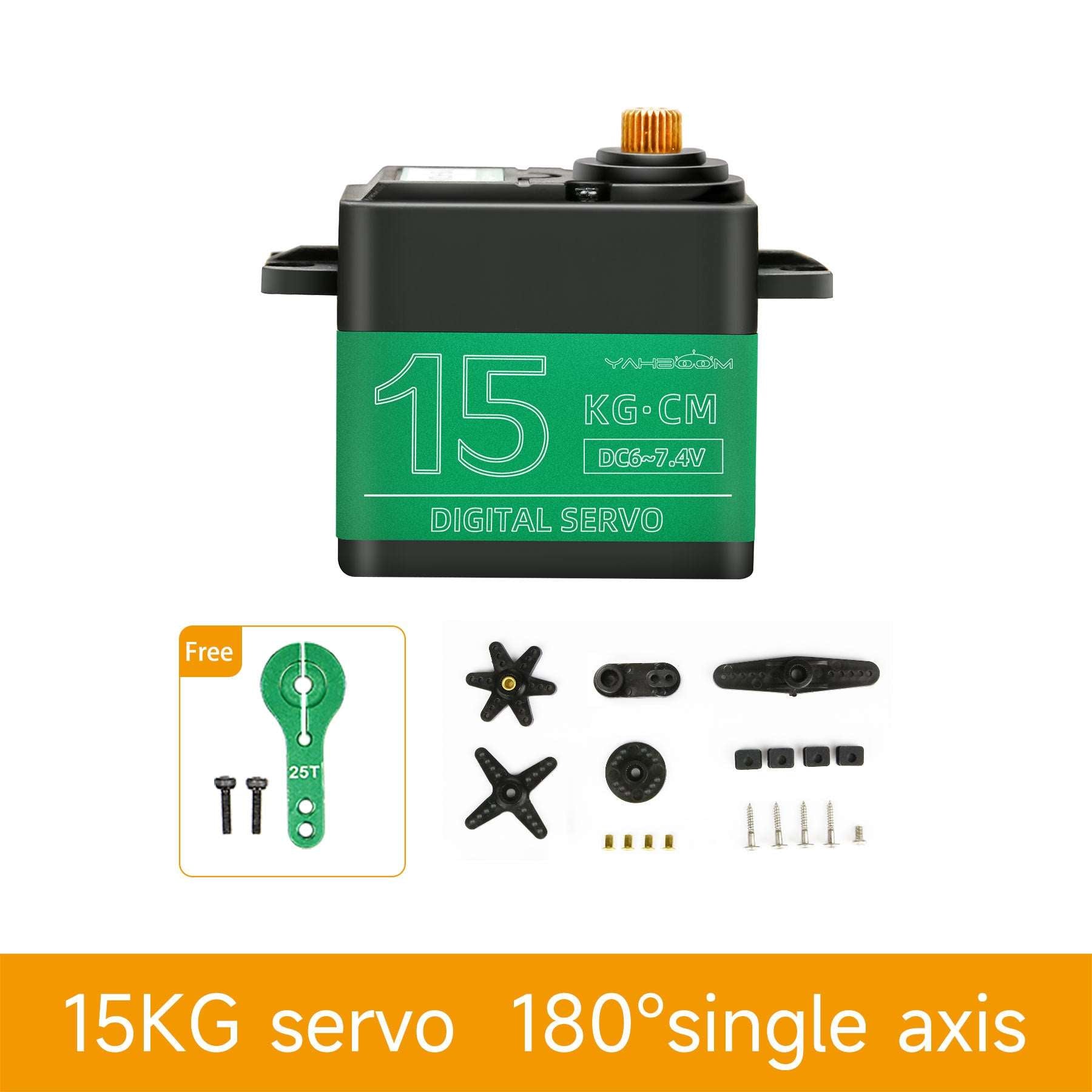15KG digital servo front view with included horn set, screws and accessories; 180° single axis