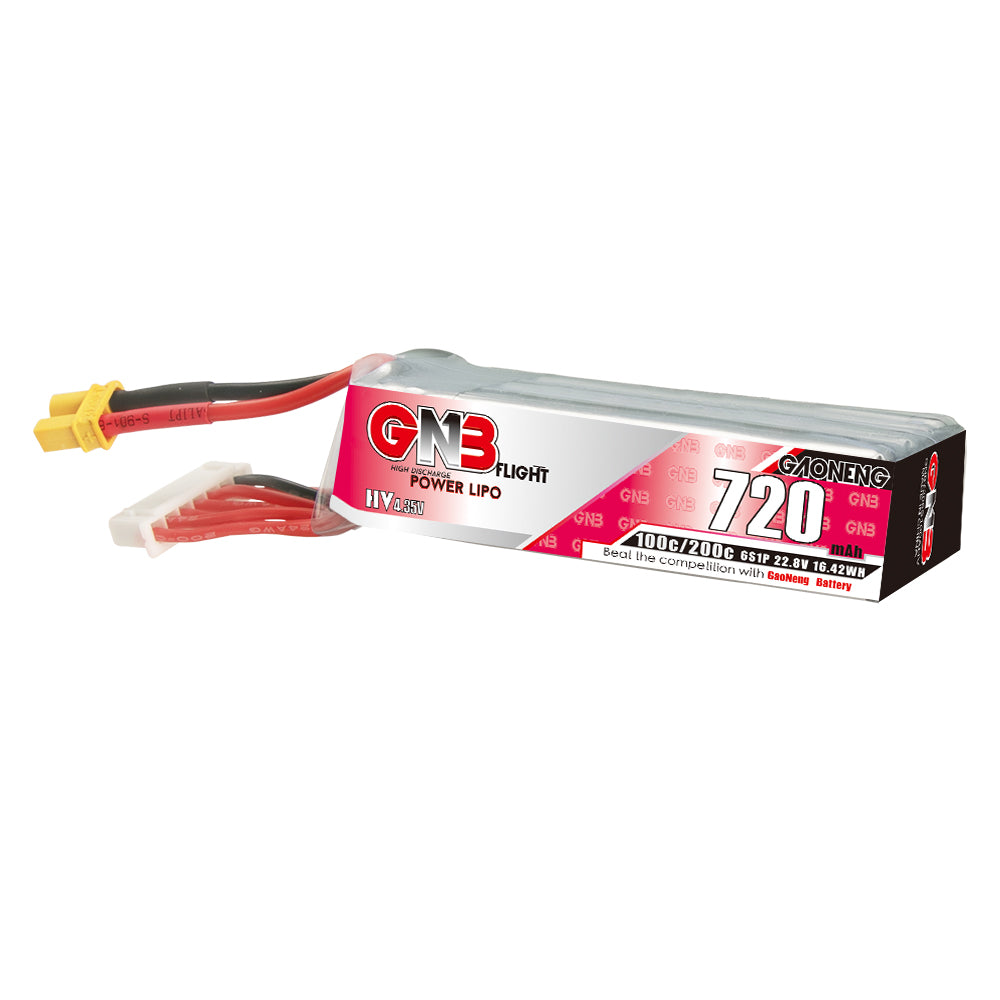 GAONENG GNB 720mAh LiHV 6S long-type LiPo battery with XT30 plug, angled side view