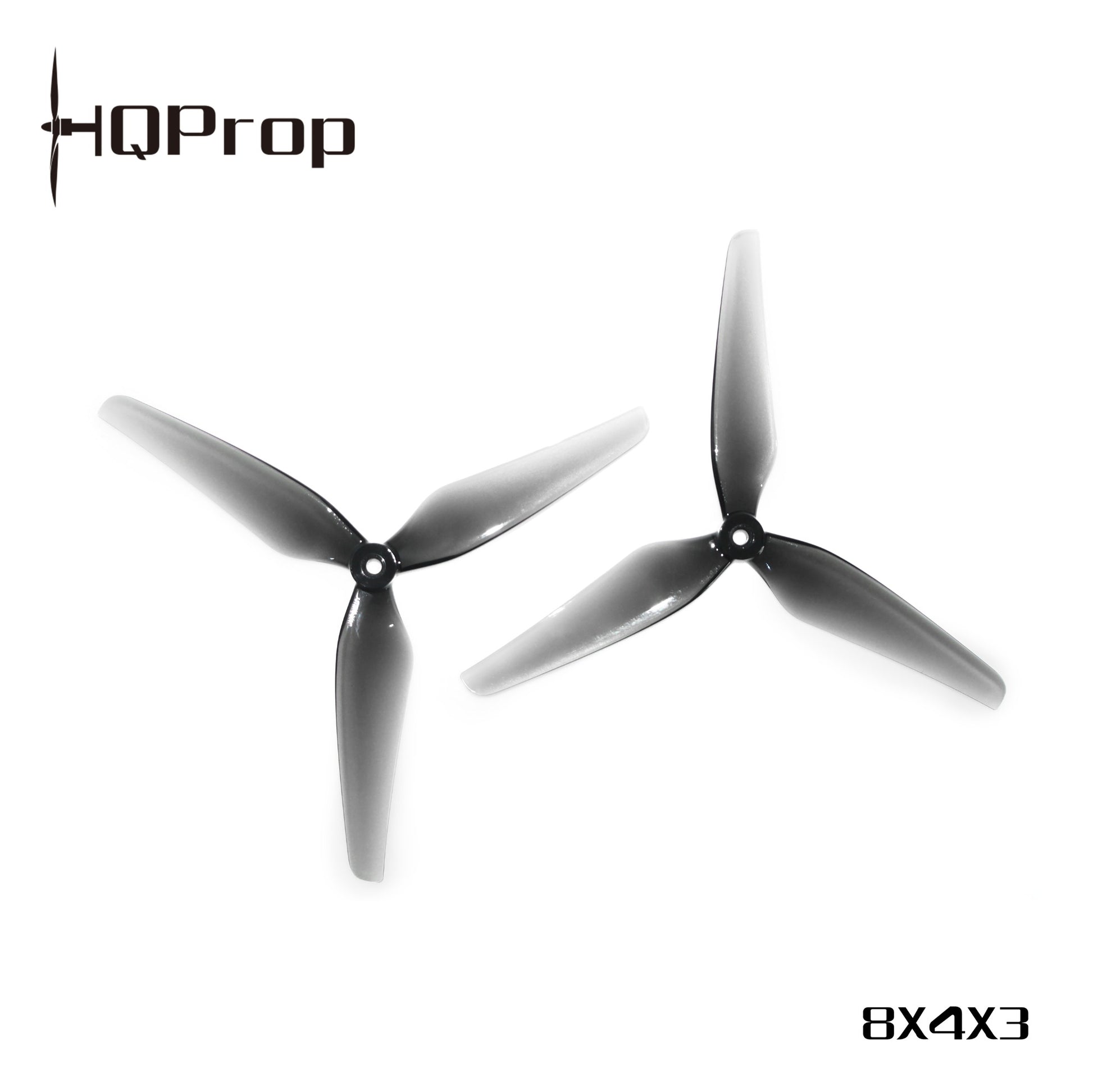 HQProp 8X4X3 propeller set graphic with HQProp logo, two grey 3-blade props (CW and CCW)