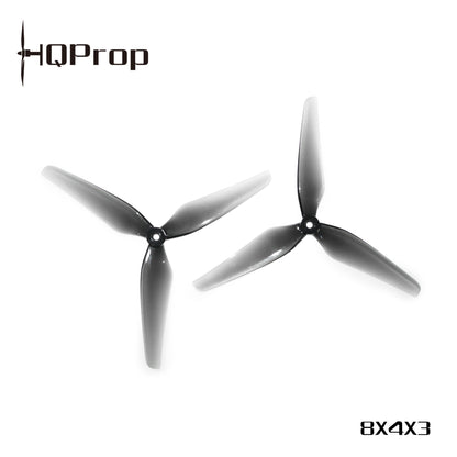 HQProp 8X4X3 propeller set graphic with HQProp logo, two grey 3-blade props (CW and CCW)