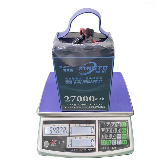 XINGTO 14S 27000mAh 51.8V 10C solid-state lithium battery offers high power, 270Wh/kg energy density, and weighs 5402.2g.