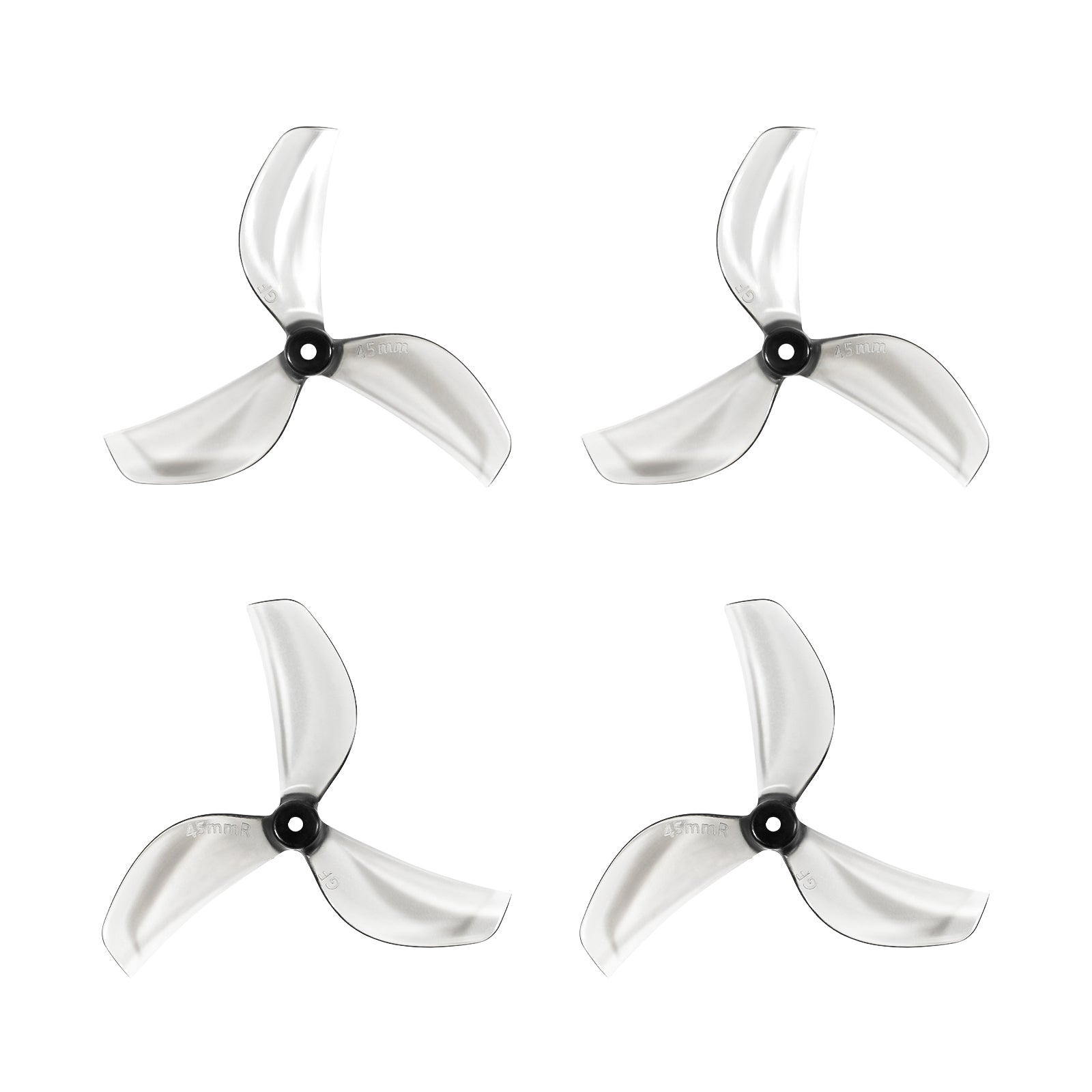Clear 45mm three-blade propellers with black hubs, 4-piece set layout