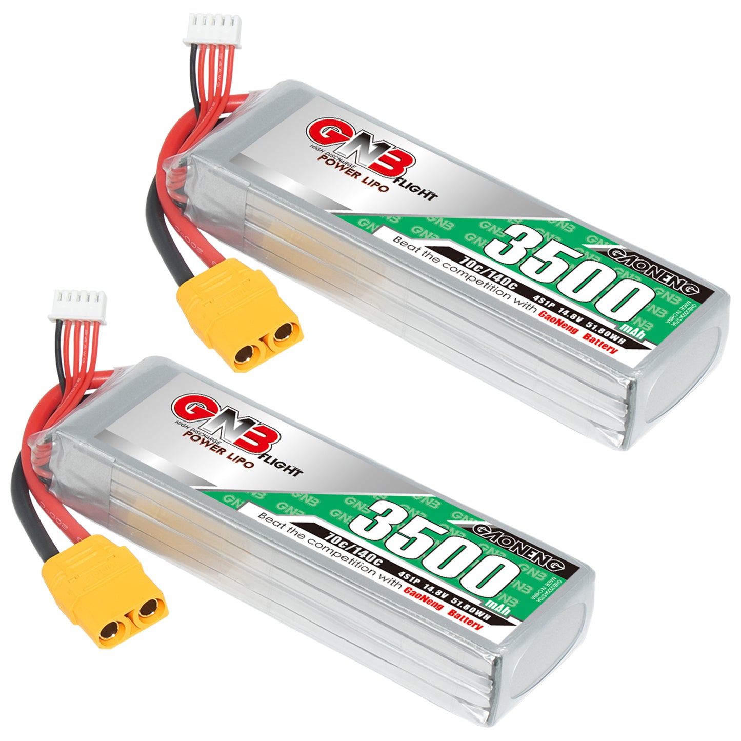 Two GNB 3500mAh LiPo packs shown angled, silver hardcase with yellow XT90 connectors