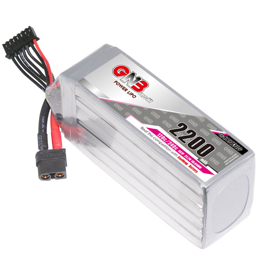 GAONENG GNB 6S 2200mAh 120C XT60 LiPo battery angled product view with balance lead and XT60 plug