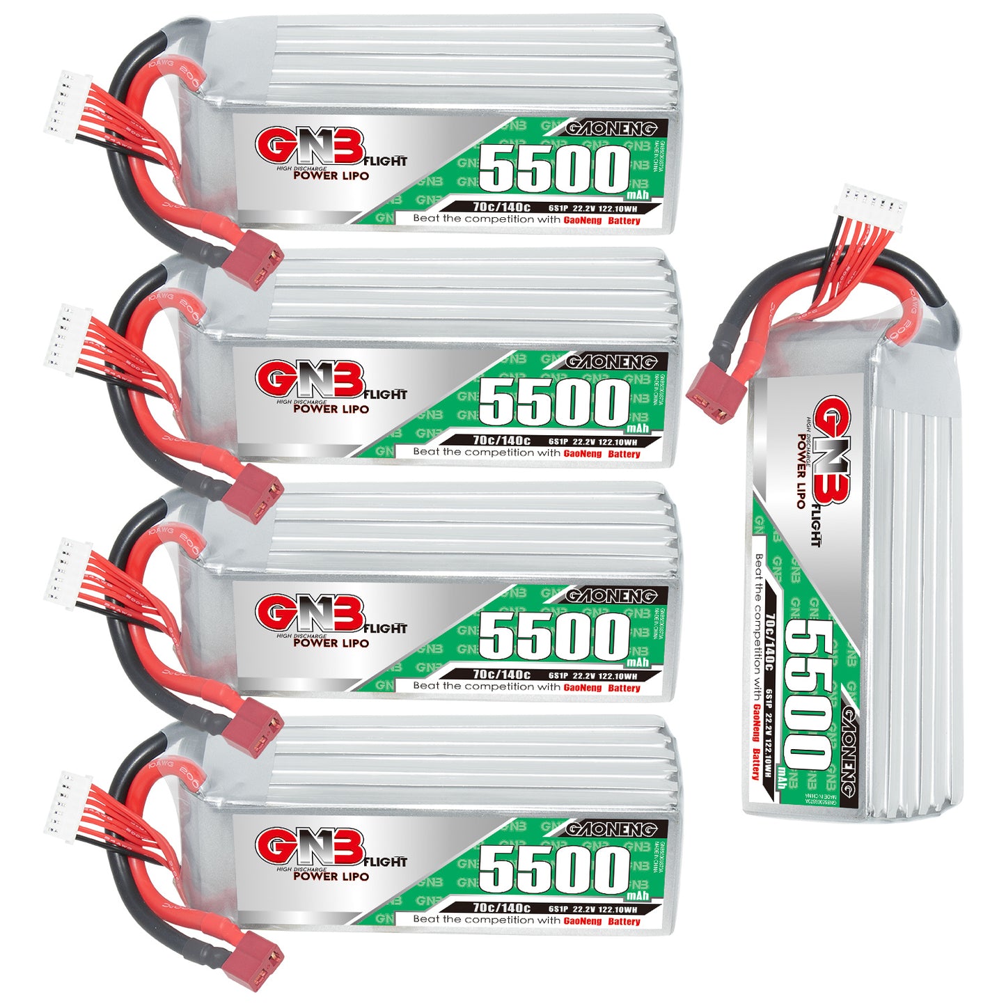Four GN3 5500mAh LiPo batteries plus one upright battery shown together, connectors visible