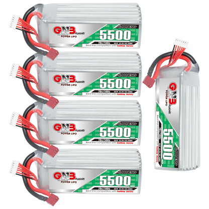 Four GN3 5500mAh LiPo batteries plus one upright battery shown together, connectors visible