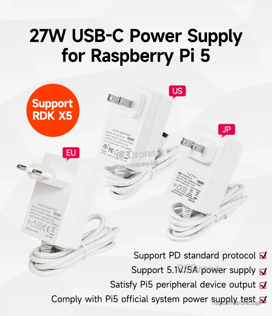 Yahboom 27W USB-C PD power supply with US, EU, and JP plug options for Raspberry Pi 5 and RDK X5