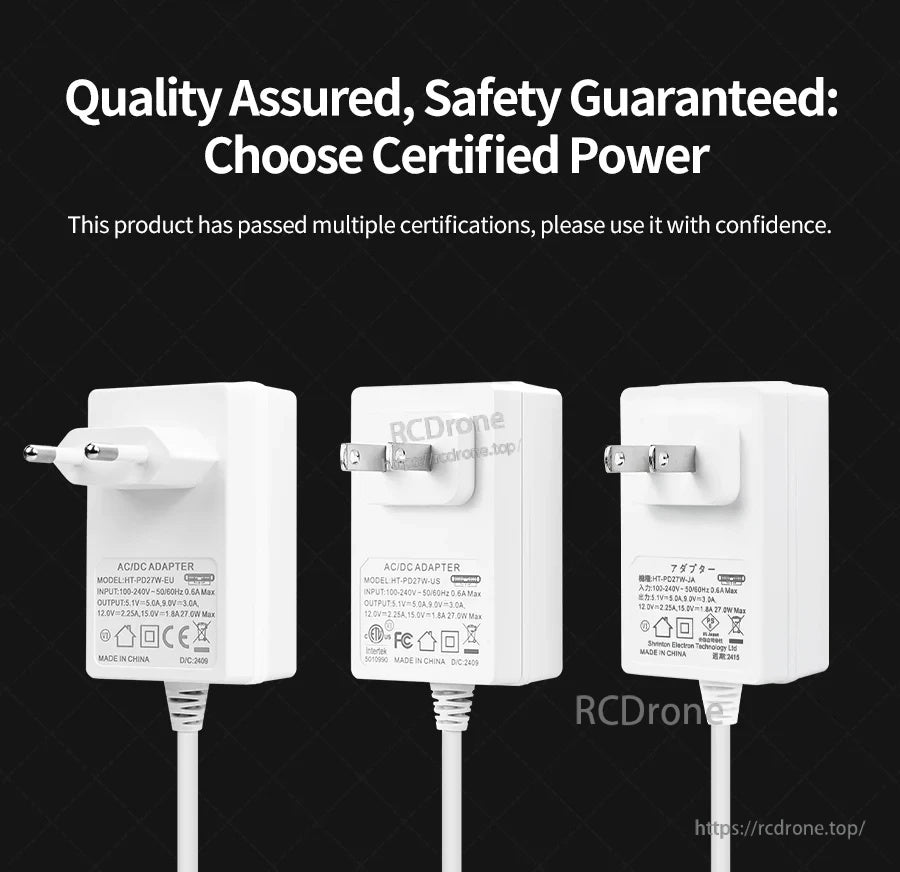 Front and back views of the power adapter with different plug styles and printed safety/approval markings
