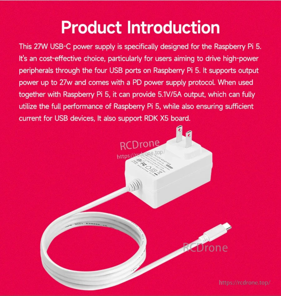 White USB-C PD wall charger with attached 1.2 m USB-C cable, designed for Raspberry Pi 5 up to 27W output