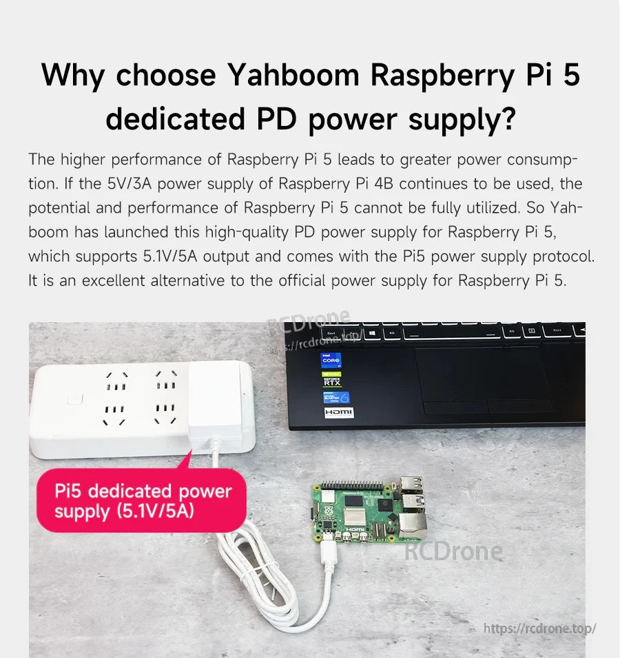 Bench setup powering a Raspberry Pi 5 using the dedicated PD power supply via USB-C