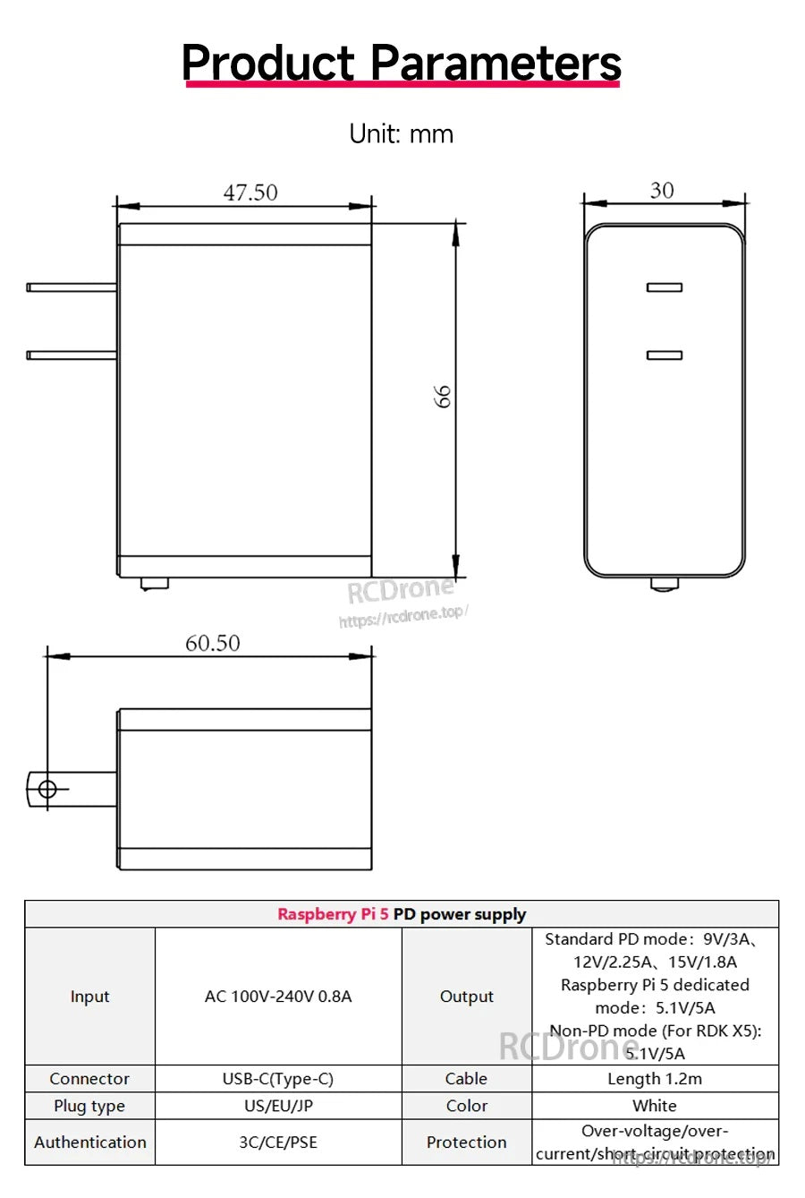 Product dimensions and specifications diagram for the 27W USB-C PD power supply, including cable length and outputs
