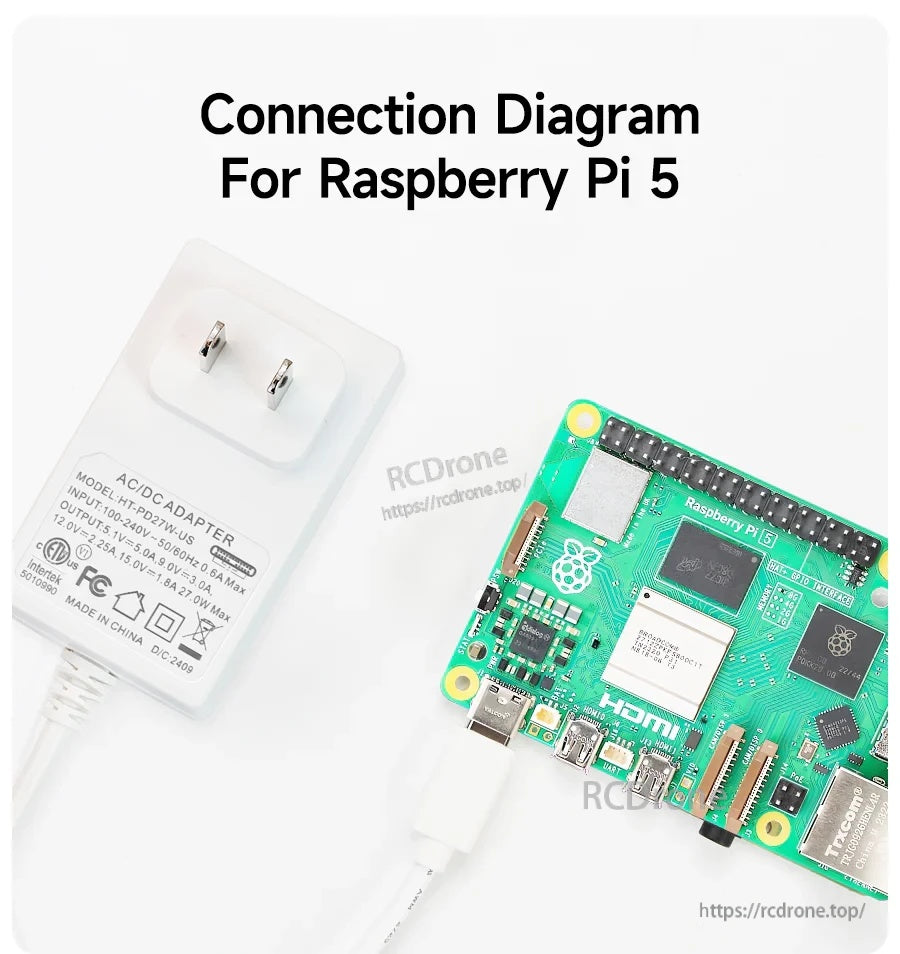 USB-C power connection to Raspberry Pi 5 using the wall adapter and USB-C cable