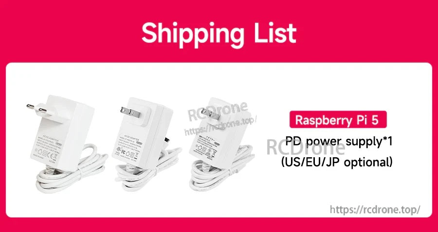 Packaging contents list: one Raspberry Pi 5 PD power supply with US/EU/JP plug option