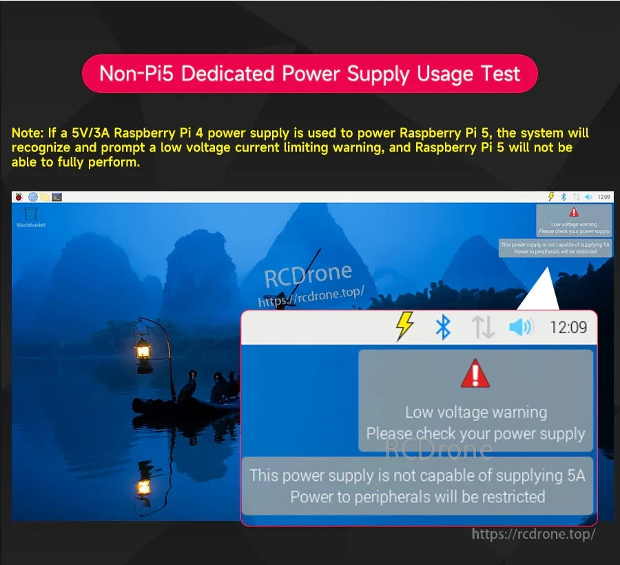 Raspberry Pi 5 desktop low-voltage warning when using a non-dedicated 5V/3A power supply