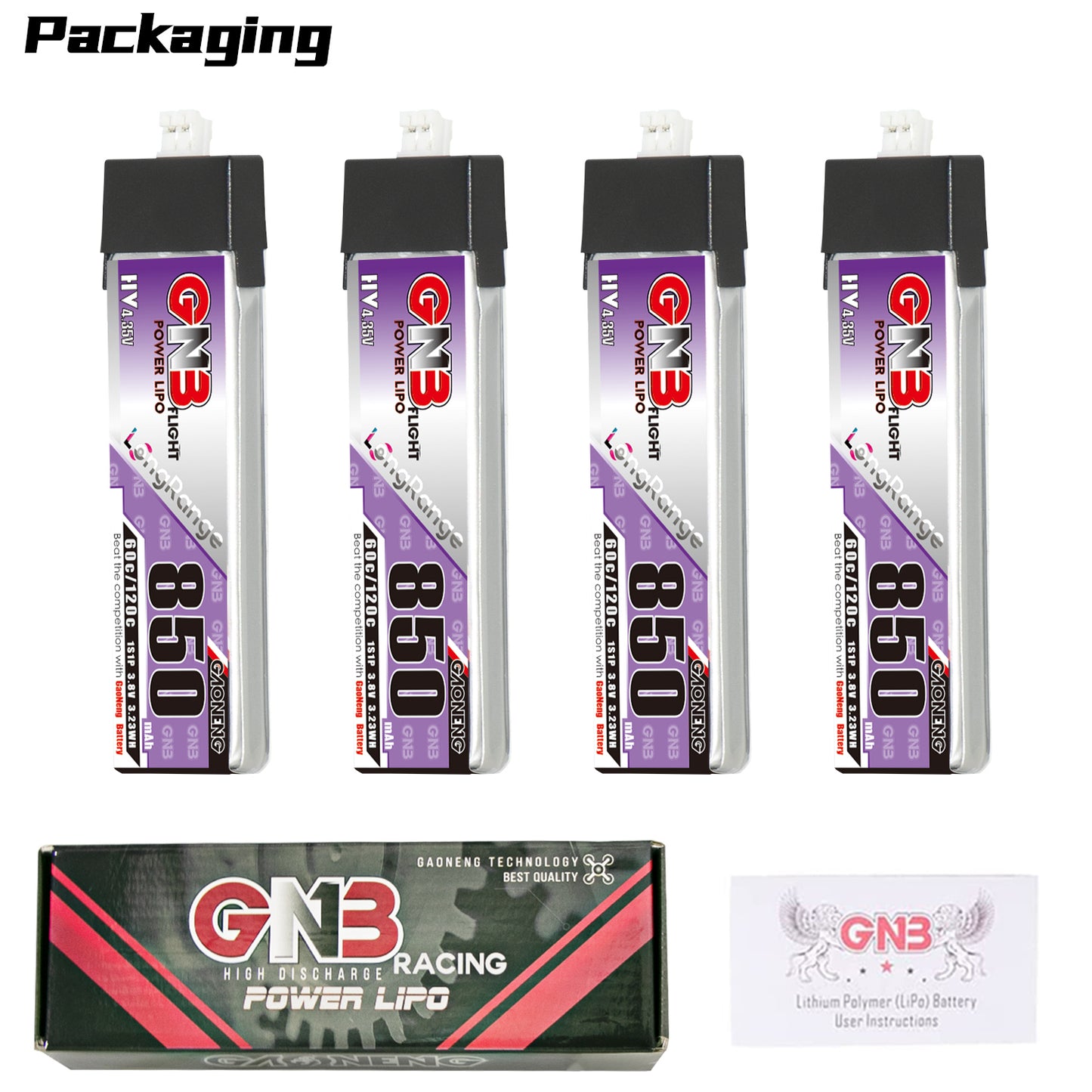 Packaging set showing 4x GNB 850 batteries with retail box and user instructions card
