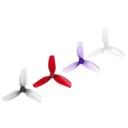 HQ Ultralight Whoop Propeller tri-blade set shown in four colors: gray, red, purple, and white