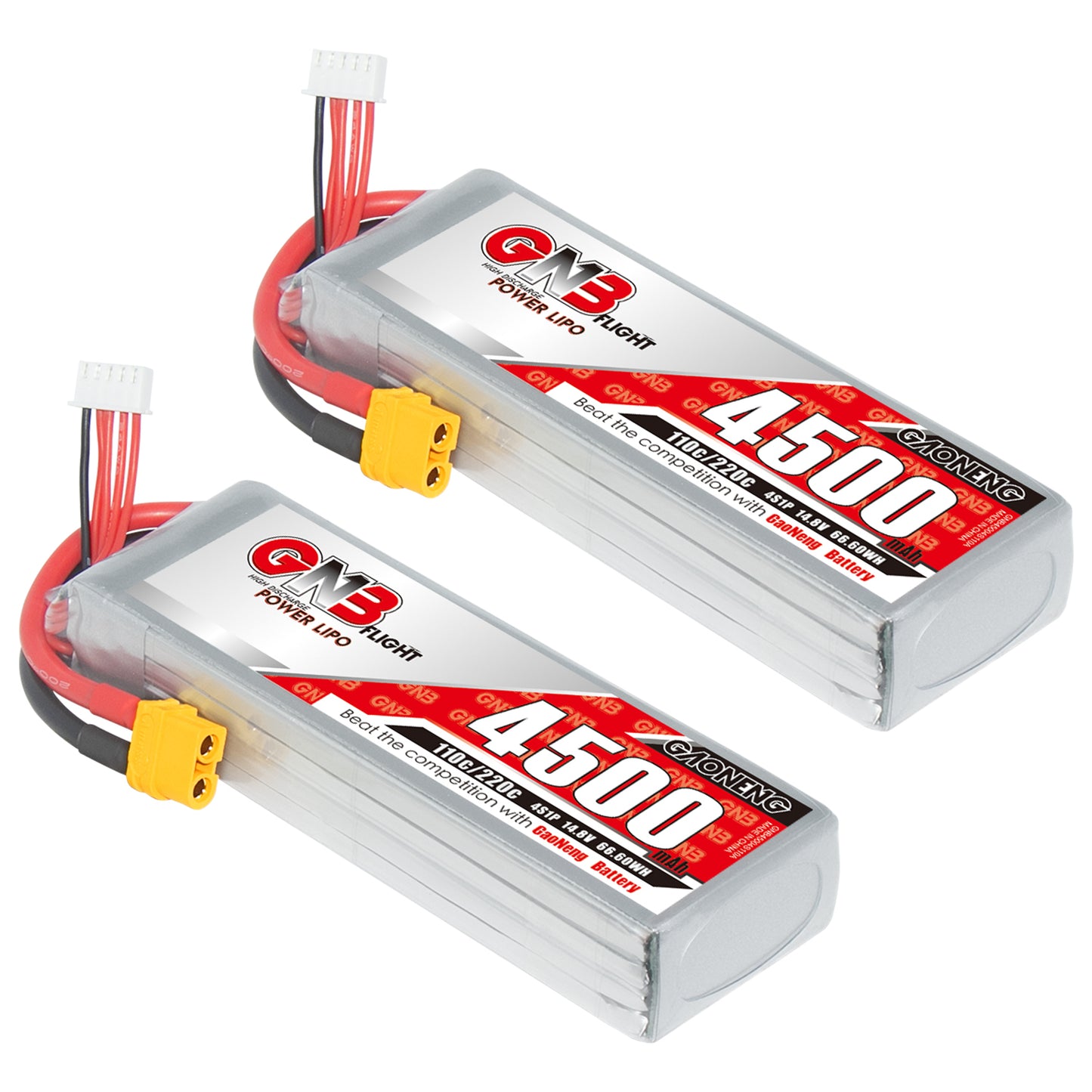 Two GAONENG GNB 4500mAh LiPo batteries shown with XT60 connectors and balance plugs