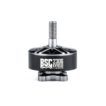 MAD BSC2306 V1.0 FPV drone motor, MAD BSC 2306 FPV drone brushless motor with threaded shaft and black housing labeled KV1950
