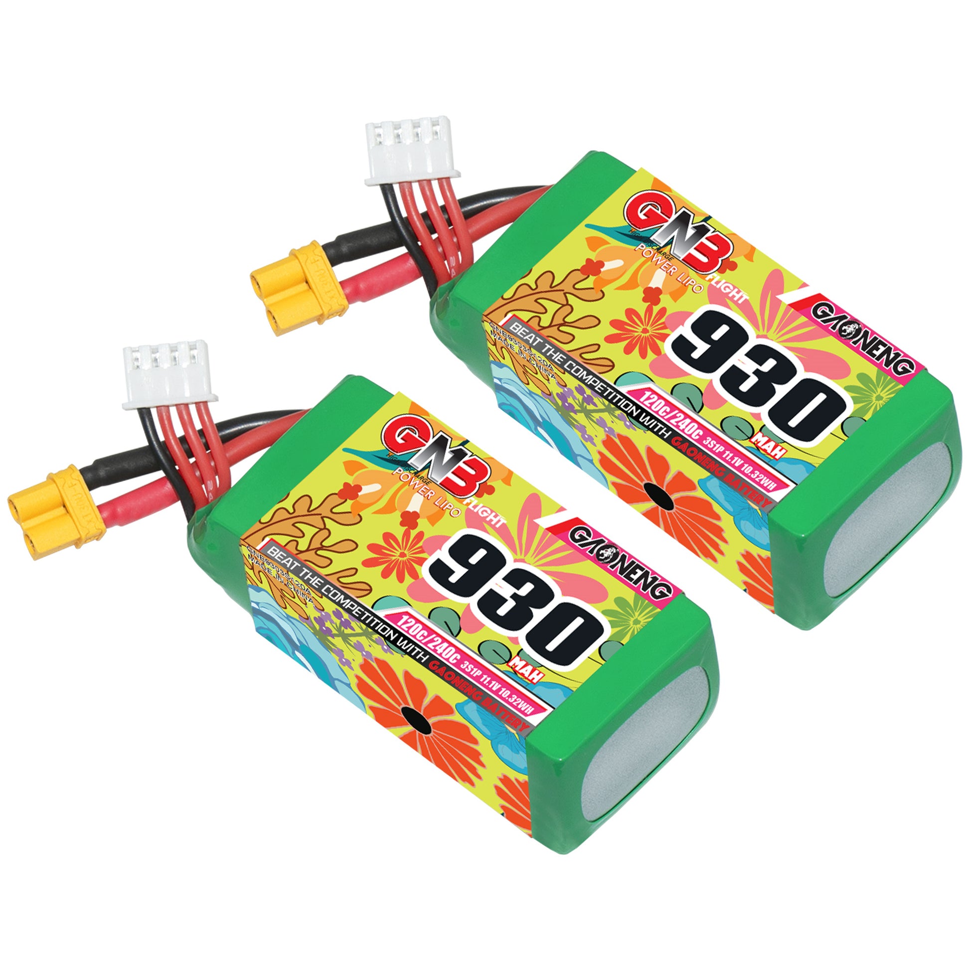 GAONENG GNB 3S 11.1V 930mAh 120C XT30 LiPo battery, pair of packs with balance lead
