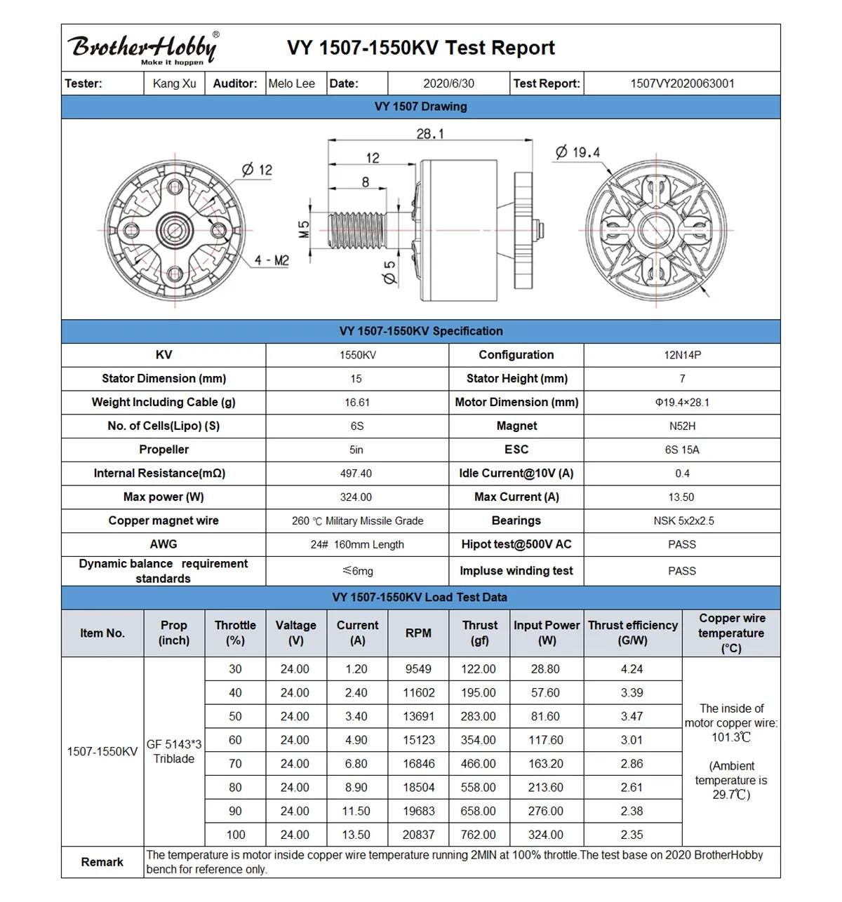 BrotherHobby VY 1507 Motor, KV 1550KV Configuration 12NI4P Stator Dimension (mm) 15