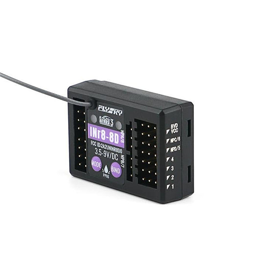 Flysky INr8-8D 2.4GHz 8-channel AFHDS 3 waterproof RC receiver, top label with bind/mode buttons