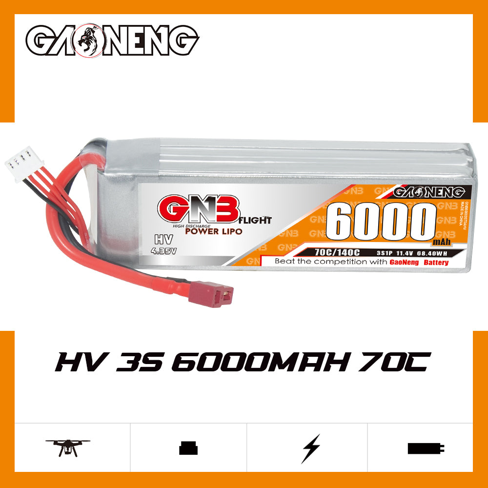 GAONENG GNB HV 3S 6000mAh 70C LiHV LiPo battery label graphic with icons and branding