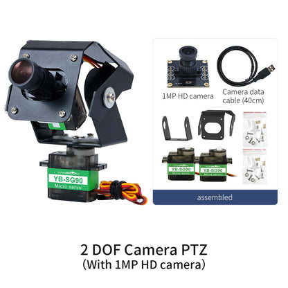 2 DOF camera PTZ kit contents with 1MP HD camera, 40cm data cable, brackets, screws, and servos