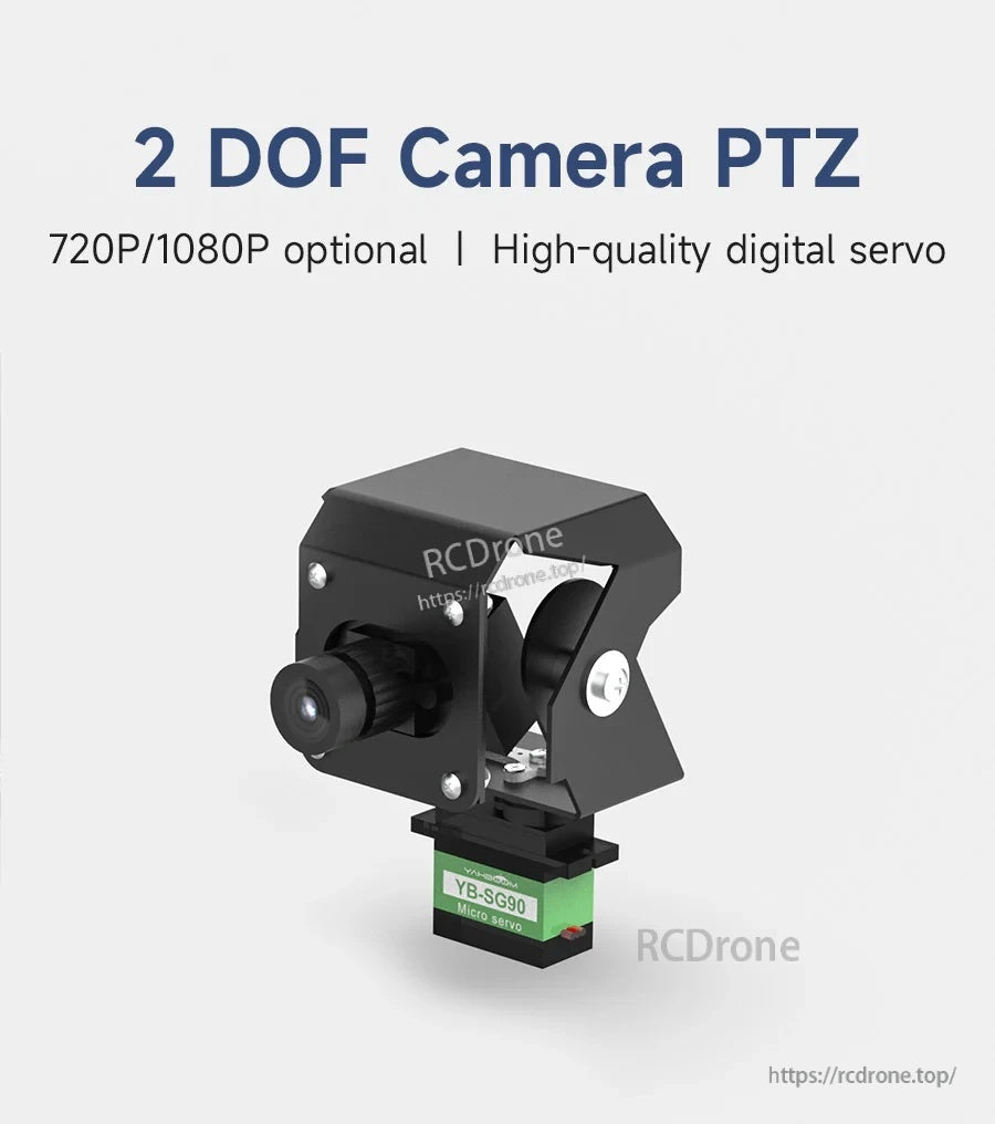 2DOF camera PTZ platform with USB camera and dual YB‑SG90 9g servos, anodized aluminum mount