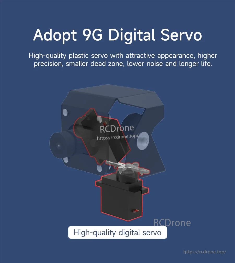 Exploded view highlighting the 9g digital servo inside the 2DOF camera platform for pan/tilt control