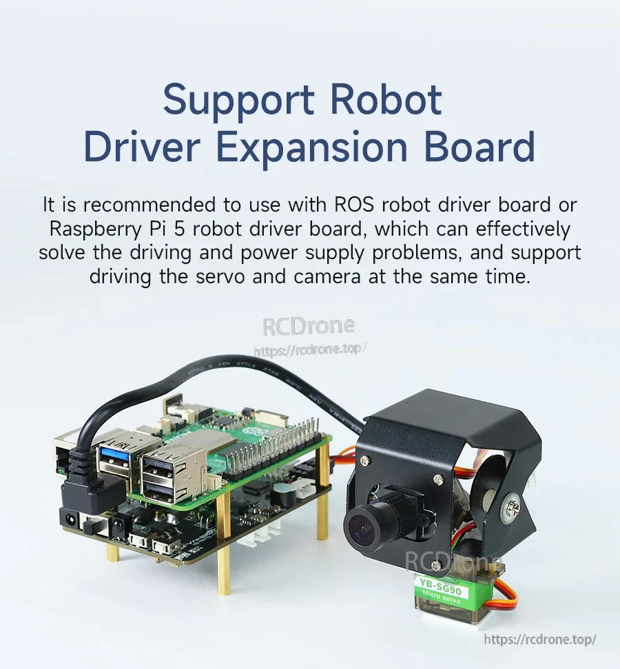 Robot driver expansion board connected to a Raspberry Pi and the USB camera PTZ assembly