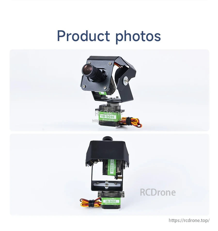 2DOF pan-tilt camera platform with mounted USB camera and two YB-SG90 micro servos, front and rear view