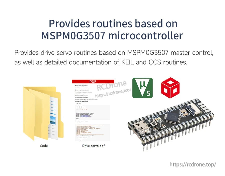 MSPM0G3507 microcontroller routines and documentation icons alongside a controller board image