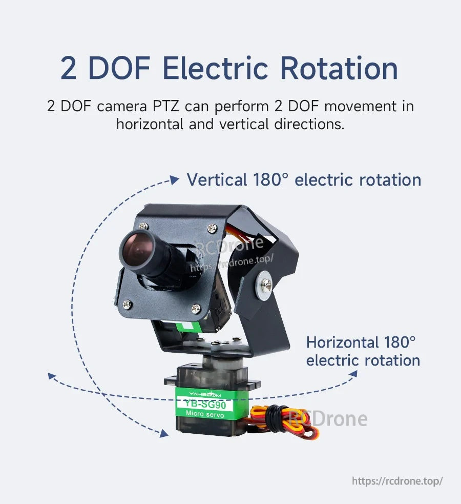 Pan/tilt range graphic showing 180° horizontal and 180° vertical electric rotation for the 2DOF gimbal