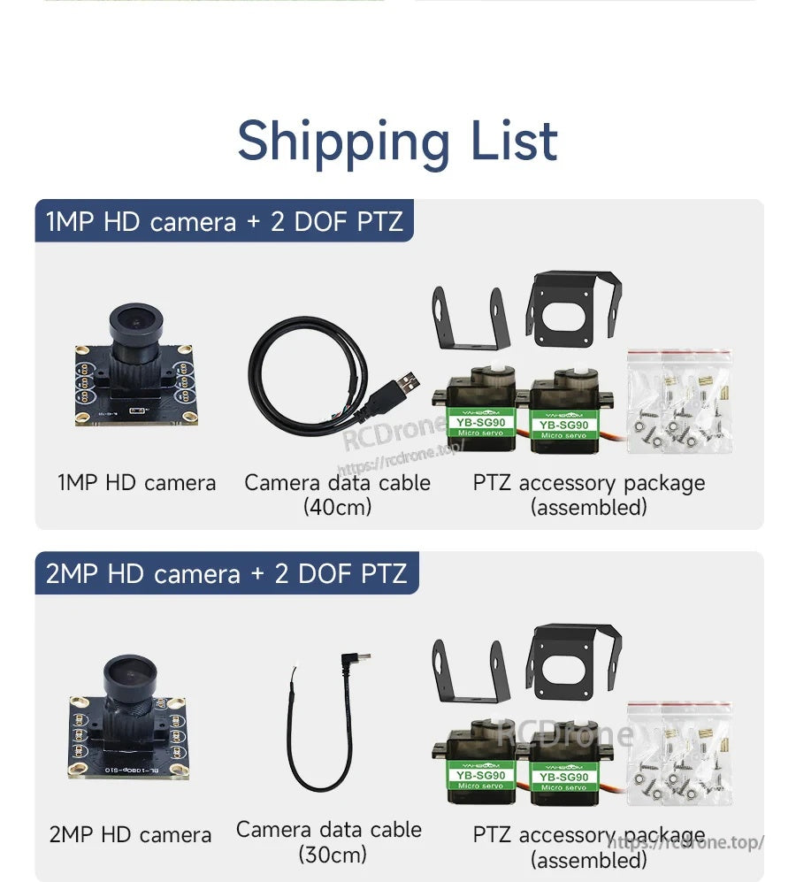 Shipping list showing 1MP or 2MP HD camera, 40cm camera data cable, and 2DOF PTZ kit with YB-SG90 servos.