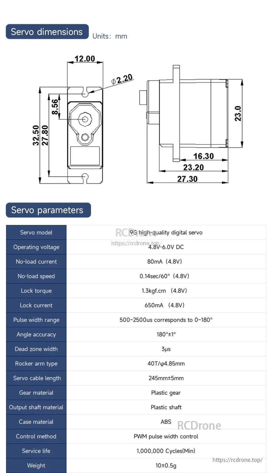 SG90 9g micro servo dimensions drawing with key specs table, including 4.8–6V operating voltage and 1.3kgf·cm torque.
