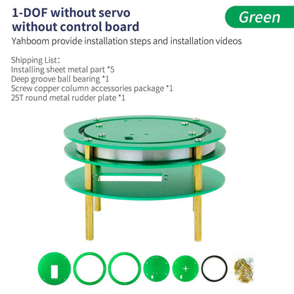Green 1-DOF platform kit without servo or control board; metal plates, bearings, rings, screws shown