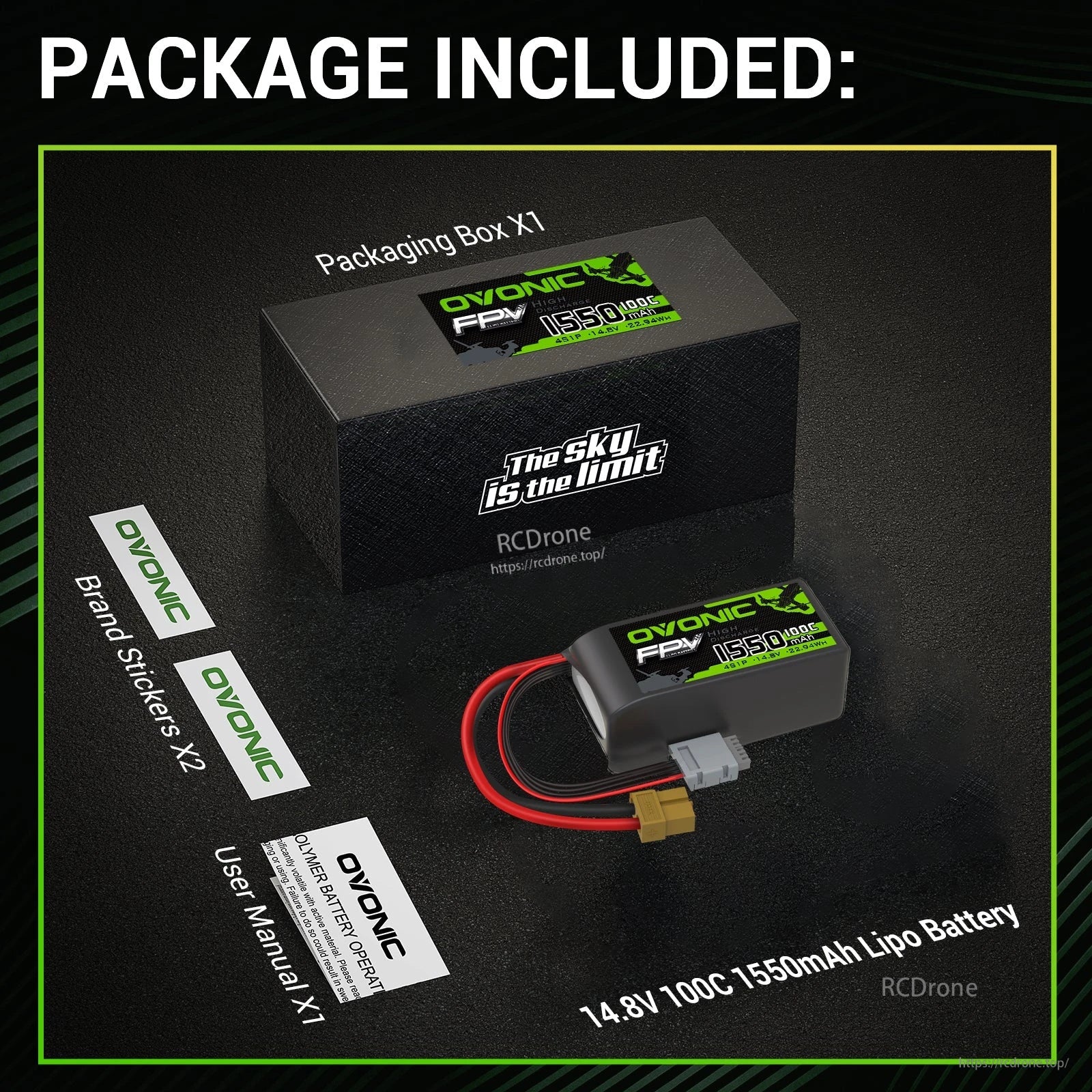 Package contents with Ovonic 14.8V 1550mAh 100C LiPo, retail box, stickers and user manual