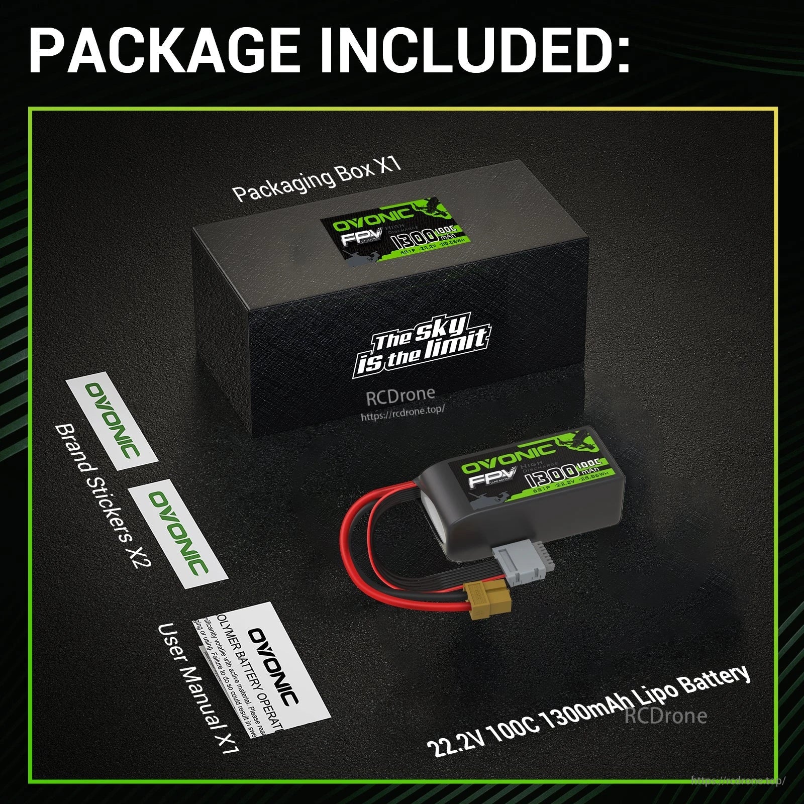 Ovonic 2-pack contents image showing packaging box, battery, two brand stickers, and user manual