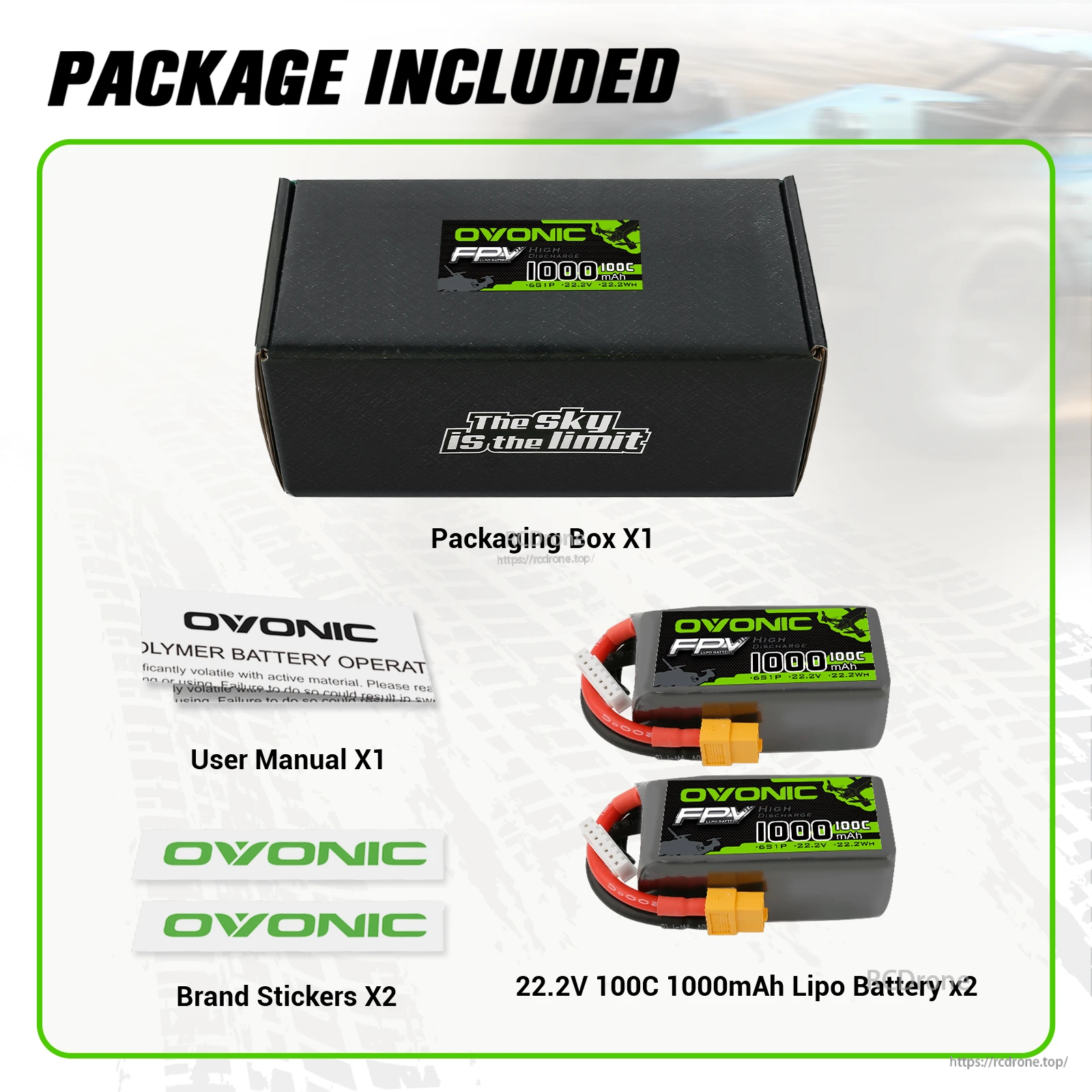 Package contents: Ovonic box, 2× 22.2V 100C 1000mAh 6S LiPo packs, user manual and brand stickers